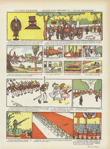 Buržoazní kuchyně. Recept na prezidentskou cestu. Ilustrace pro Le Rire od Georges Delaw