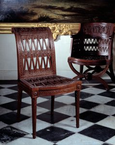 Židle objednaná pro mlékárnu Marie Antoinetty. Vyřezávaný mahagonový nábytek od Georgese Jacoba (1739-1814) od Georges Jacob