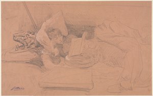 Sarah Bernhardt ležící na divanu, Reading, c. 1885-1890. od Georges Jules Victor Clairin