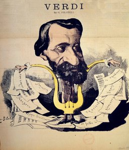 Kreslený film skladatele Giuseppe Verdiho (1813-1901) od Pilotella (1845-1918) březen 1869. Národní hudební konzervatoř, Paříž