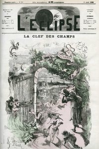 Klíč k polím, ilustrace od Pilotela nahrazující Gillovu kresbu „Spravedlnost a pomsta pronásledují zločin“, kritizována policií. Obálka “”L