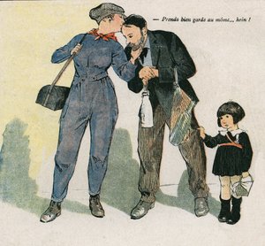Postarej se o dítě... jo? Ilustrace Georges Paul LEONNEC (1881-1940) v „“La Baionnette““ z 15. listopadu