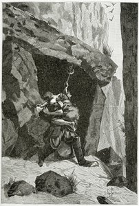 Boj Hana Islandského a Ordenera - ilustrace z knihy Han Islandský, 19. století (čb. rytina) od Georges Marie Rochegrosse