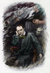 Portrét francouzského básníka Charlese Baudelaire (1827-1861) obklopuje jeho duchové (reprezentace francouzského romantického básníka Charlese Baudelaire obklopeného duchy, ilustrace pro „Květiny zla“ “) ilustrací Georges Antoine Rochegrosse (1859-19 od Georges Marie Rochegrosse