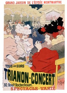 Plakát k vystoupením na koncertu Trianon v zahradě pařížského kabaretu Elysee Montmartre, kolem roku 1900