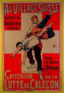 Plakátové reklamní wrestlingové soutěže ve švýcarské vesnici, 1900