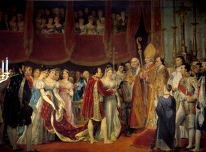 Náboženský sňatek Napoleona I. (1769-1821) s arcivévodkyní Marií Luisou Habsbursko-Lotrinskou (1791-1847), 2. 4. 1810 v Salon carre du Louvre Obraz od Georgese Rougeta (1783-1869) 19. století Sun. 3,67x4,94 m. - Náboženský sňatek Napoleona I. (17
