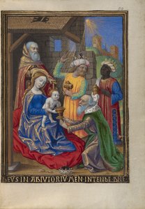 Klanění tří králů z knihy hodin paní 48 fol. 59, c.1480-90 (tempera, plátkové zlato a inkoust na pergamenu)
