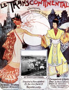 Titulní strana novin Le transcontinental jako symbol železničního spojení mezi Východem a Západem díky Transsibiřské magistrále od Georges de Feure