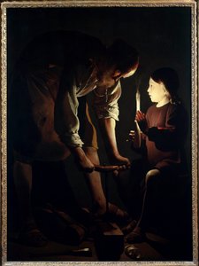 Svatý Josef tesař Ježíš dítě drží svíčku, aby zapálil svého otce Josefa při práci. Obraz Georgese de La Tour (1593-1652) 1640 Ne. 1,07 X 1,02 m Paříž. muzeum Louvre