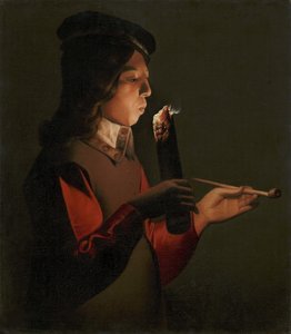 Mladý chlapec s dýmkou, foukající do ohně, od La Tour, Georges, de (1583-1652). olej na plátně od Georges de La Tour