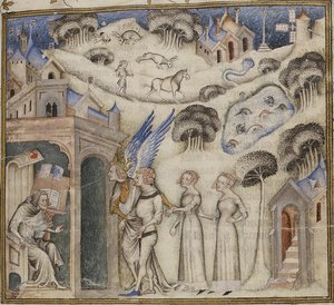 Amour vede své děti Sladká myšlenka, potěšení a naděje k Guillaumovi de Machaut, autor: Mistr Bible Jean de Sy 1372-77 (42374611771)