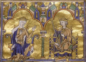 Blanche Kastilská a francouzský král Ludvík IX., z Toledo Moralized Bible of St Louis, circa 1227-1234