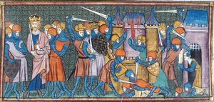 Karel Veliký dobývá 2 hrady, z Chroniques de France ou de St Denis, 14. století (22095303133)