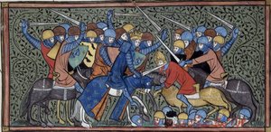 Karel Martel poráží Euda a Saracény, Grandes chroniques de France, Royal 16 G.VI, f.117v, cca 1332-1350 (22727638241)