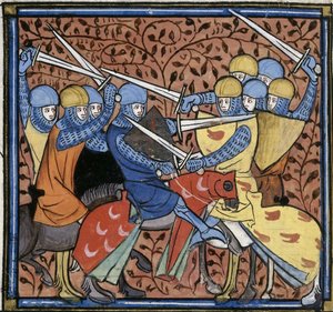 Ebroin poráží Austrasijce, z Les Grandes chroniques de France, Royal 16 G VI f.114v, asi 1332-1350 (22528516520)