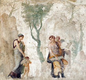Eros, kterého Peitho přivádí k Afroditě, zatímco Anteros se směje, že je potrestán za to, že si vybral špatný cíl, Pompejská freska, asi 25 let př. n. l. (28298194699).