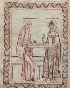 Guido z Arezza a biskup Tedald při práci na monochordu, miniatura z 11. století (21954743795)