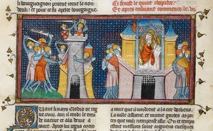 Hunové drancující Orleáns, Agnanova modlitba, z Chroniques de France ou de St Denis, 14. století (22716441545)
