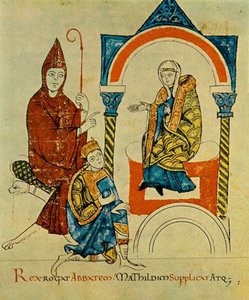 Král - Svatý římský císař Jindřich IV. - se modlí k opatovi - Hugovi z Cluny - a prosí Matyldu - z Canossy -, z Vita Mathildis, asi 1115 (34295963116)