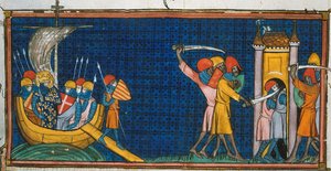 Ludvík IX. přistává v Tunisu a Francouzi jsou odříznuti Saracény ve věži, z Chroniques de France ou de St Denis, 14. století (22528512660).