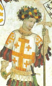 Manfred I. ze Saluzza zobrazený jako Godfrey z Bouillonu, freska od Giacoma Jaqueria, 1420 (25958141210)