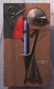 Barevná konstrukce materiálů, číslo 7. (zátiší). Dílo Georgiho Avgustoviče Stenberga (1900-1933), dřevo, kov, sklo, písek na dřevě