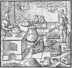 Rytina z De re metallica (O povaze kovů), od Georga Pawera nebo Georgiuse Agricoly (1494-1555), publikovaná v Basileji od Georgius Agricola