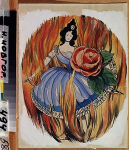 Kněžka ohně. Balerína načrtne taneční krok uprostřed plamenů. Dílo Georgi Ivanoviče Narbuta (1886-1920), akvarel a tuš na papíře, cca 1910. Ruské umění, počátek 20. století, symbolika. Státní muzeum umění, Nijn od Georgy Narbut