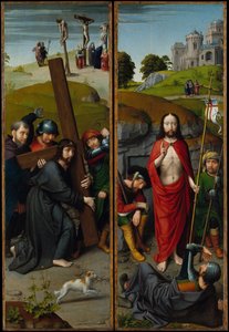 Kristus nesoucí kříž, s ukřižováním, vzkříšení, s poutníky..., ca. 1510. od Gerard David