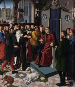 Kambýsův soud (perský král Kambýses II. (zemřel 522 př. n. l.) odsuzuje soudce Sisamnese, aby byl stažen z kůže za vynesení rozsudku výměnou za peníze) - Kambýsův soud (levý panel) - Obraz Gerarda Davida (asi 1460- 1523) - 149