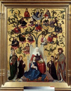 Linie svaté Anny Znázornění genealogického stromu svaté Anny, matky Marie. Malba na dřevě od Gerarda Davida (1460-1523). 1483. Ne. 0,88 x 0,69 Lyon, Musee des Beaux Arts