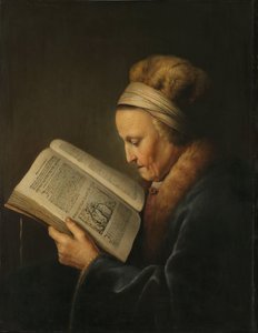 Stará žena čtení Stařenka čte lekcionář: takzvaný portrét Rembrandtovy matky, Neeltgen Willemsdr van Zuijdtbroeck († 1640)