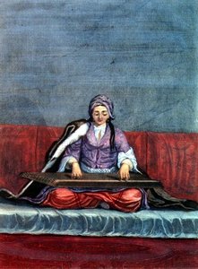 Turecká dívka hrající na citeru, rytina Gerard Jean Baptiste Scotin (1671-1716) (rytina)