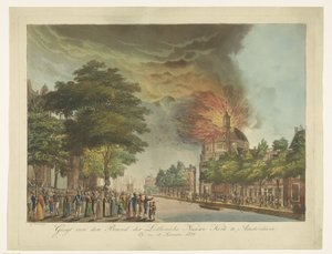 Požár v Novém luteránském kostele na Singel v Amsterdamu, 18. září 1822 Pohled na značku Lutheran New Church v Amsterdamu (název na objektu) od Gerard Overman