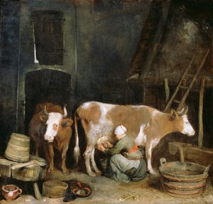 Služka dojící krávu ve stodole, 1652-1654