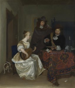 Žena hrající Theorbo dvěma mužům, asi 1668