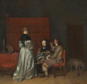 Tři postavy hovořící v interiéru Otcovské napomenutí, asi 1654