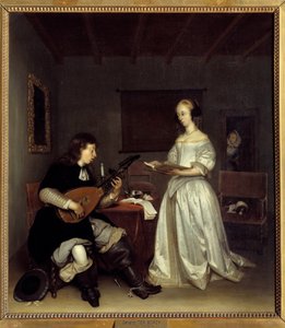 Duo; zpěvák a hráč na loutnu theorbo. Obraz Gerard Ter Borch (1617-1681), holandský od Gerard ter Borch