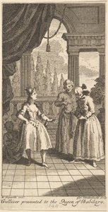 Gulliver představený královně Babilary, Frontispis k The Travels of Mr. ..., únor 1730. od Gerard Vandergucht