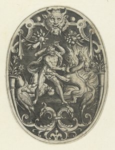 Povrchová dekorace: Hercules zabíjí monstrum Geryon Oválné povrchové dekorace s činy Herkula v groteskách (název série)