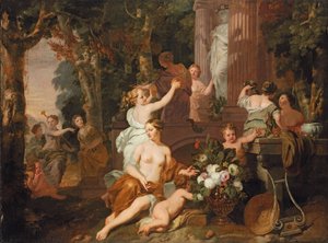 Nymfy a Bacchantes vzdávají hold v chrámu Flora od Gerard de Lairesse