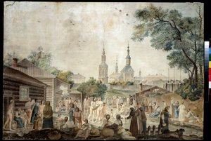 Termální kúra (sauna) v Moskvě (léčebná koupel v Moskvě). Malba Gerarda de la Barthe (aktivní mezi 1787 a 1810). Akvarel na papíře, 45,7 x 66,7 cm, kolem roku 1790. Francouzské umění 18. století. Muzeum soukromých sbírek v A. Pushkin Museum of Fine A od Gerard de la Barthe