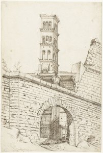 Chrám Mars Ultor a Pantani Arch ve Forum of Augustus a věž San Basilio