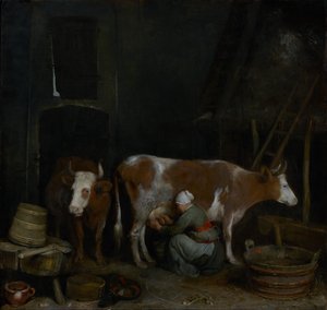 Služka dojící krávu ve stodole od Gerard ter Borch