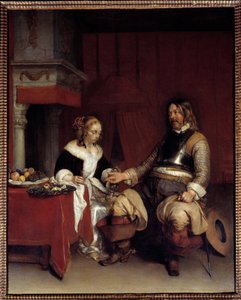 Vojenská statečnost nebo Mladá žena, které muž nabízí peníze. Obraz Gerard Ter Borch (1617-1681), holandský od Gerard ter Borch
