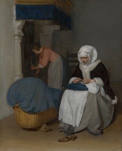 Žena šijící vedle kolébky od Gerard ter Borch