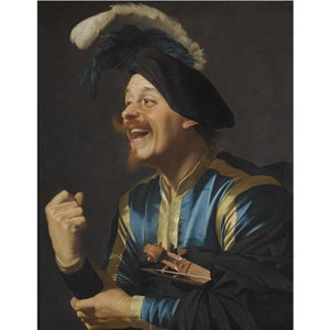 Rozesmátý hudebník s houslemi pod paží od Gerard van Honthorst