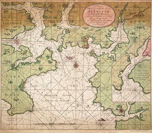 Mapa Plymouthského zálivu z mapy Lamanšského průlivu od Greenville Collinse z roku 1693