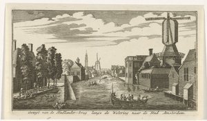 Pohled podél vlhčení na Amsterdam Pohled z mostu Stadlander podél Wetering na město Amsterdam (název na objektu) od Gerardus Condet